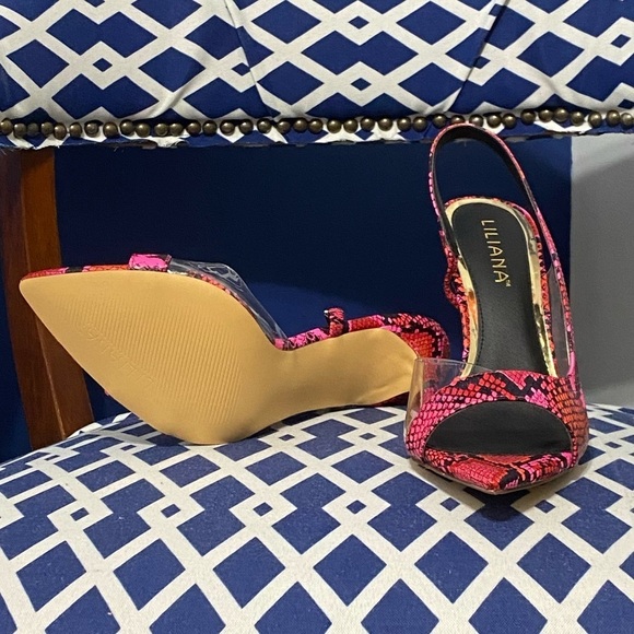 Multi pink black snakeskin clear pointed slingback high heel open toe sandals - Picture 3 of 8